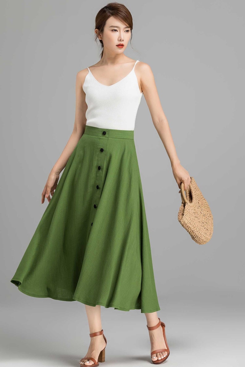 Button-Down Linen Midi skirt, A-Line swing skirt, Linen skirt, Green skirt, Women skirt, High waisted Skirt with pockets, Summer skirt 2368 image 5