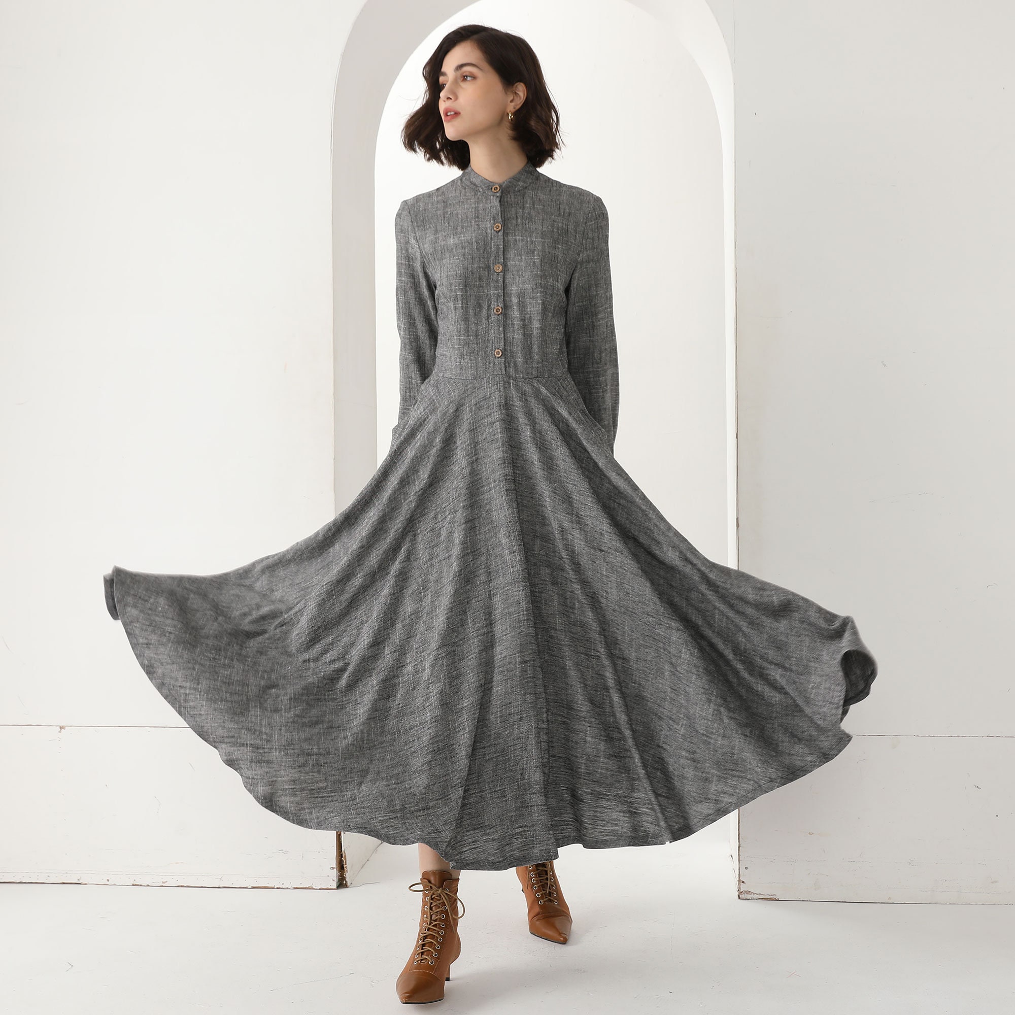 Linen Autumn Maxi Dress | Xs Grey Spring Long 3831 Handmade By Xiaolizi Linen Autumn Maxi Dress | Xs Grey Spring Long 3831 Handmade By Xiaolizi