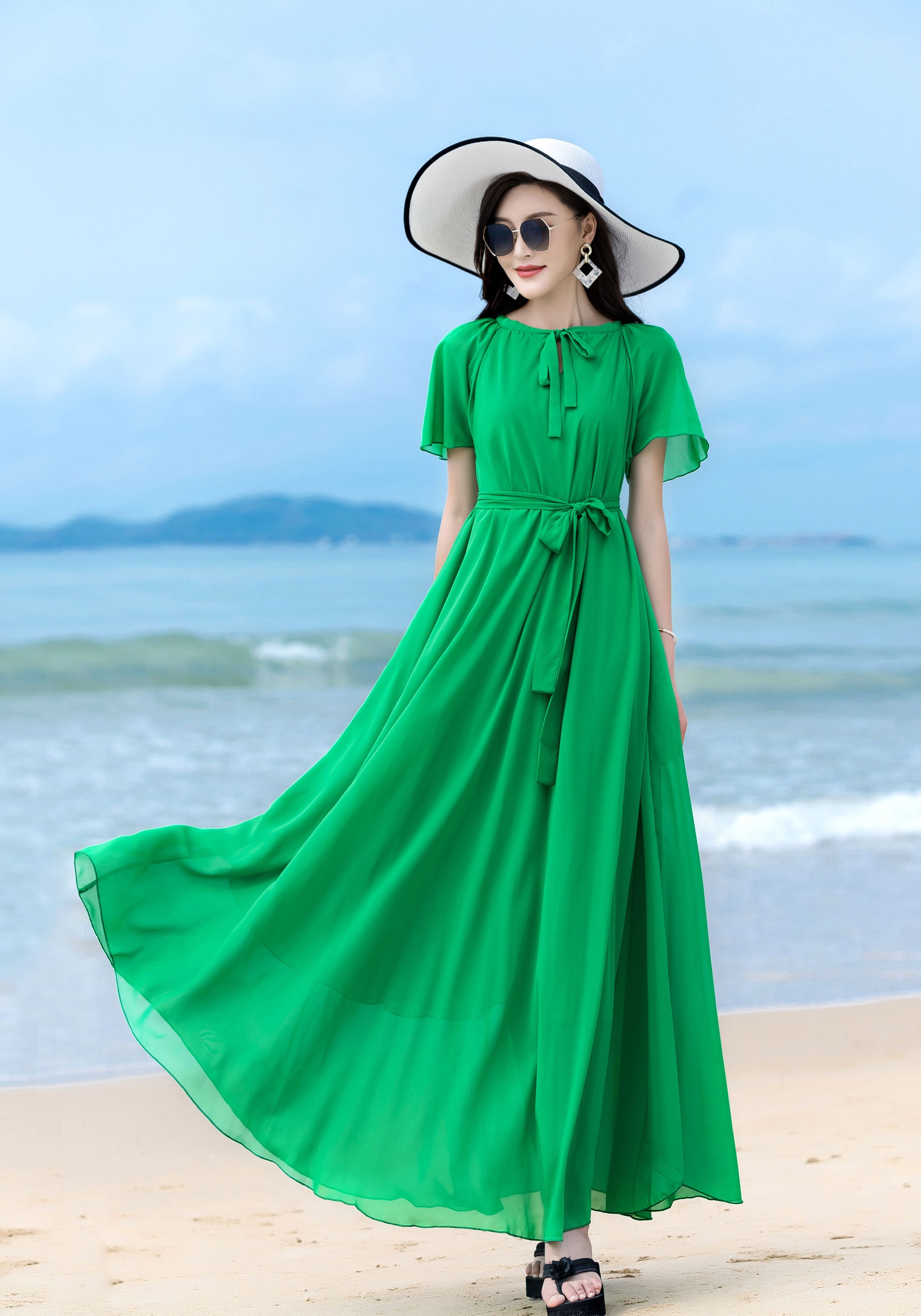 Plus size Chiffon maxi Dress in green Boho Swing Chiffon | Etsy