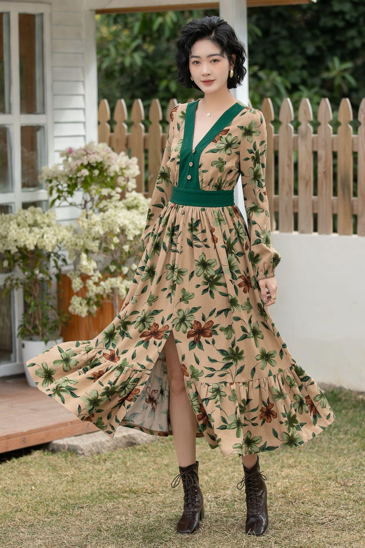 Natural Linen Floral Midi Dress: V Neck Long Sleeve Ruffle Hem Dress, Custom, Xiaolizi 6693#
