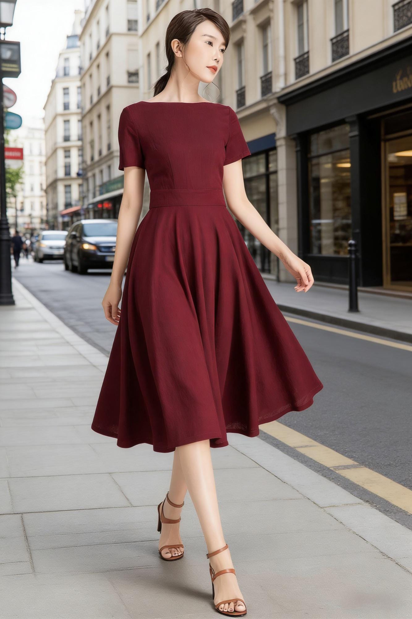 Fit and flare Midi dress in Burgundy, Boat Neck swing dress with Pockets, Short Sleeve Party dress, Mother of the bride dress 2336# Fit and flare Midi dress in Burgundy, Boat Neck swing dress with Pockets, Short Sleeve Party dress, Mother of the bride dress 2336#