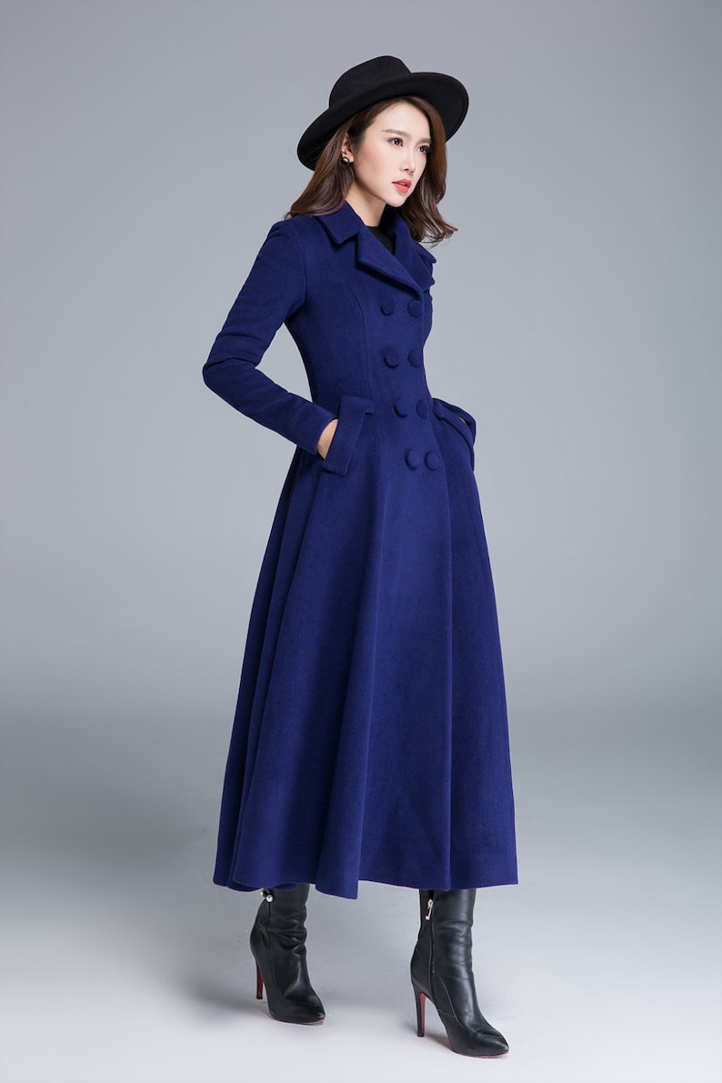 Vintage inspired Long wool coat, Winter coat women, Wool coat women, fit and flare coat, Double breasted Wedding wool coat, Xiaolizi 2412 Blue -1685 -17-5#