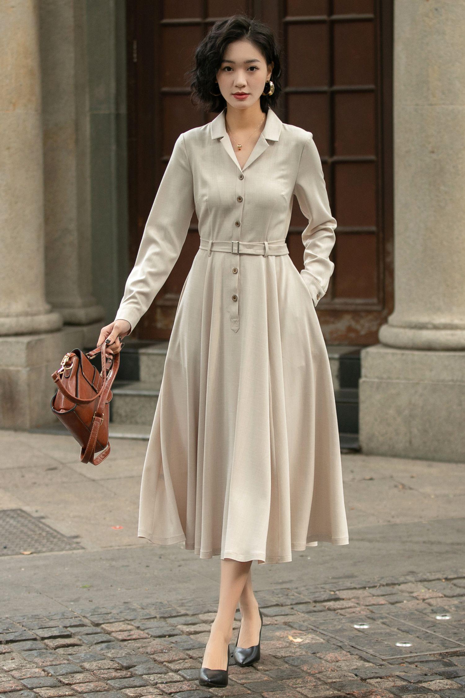 国内発送★Sosandarドットプリントプリーツスリーブシフトドレス Semi-formal Spring Midi Shirt Dress With Sleeves for Office