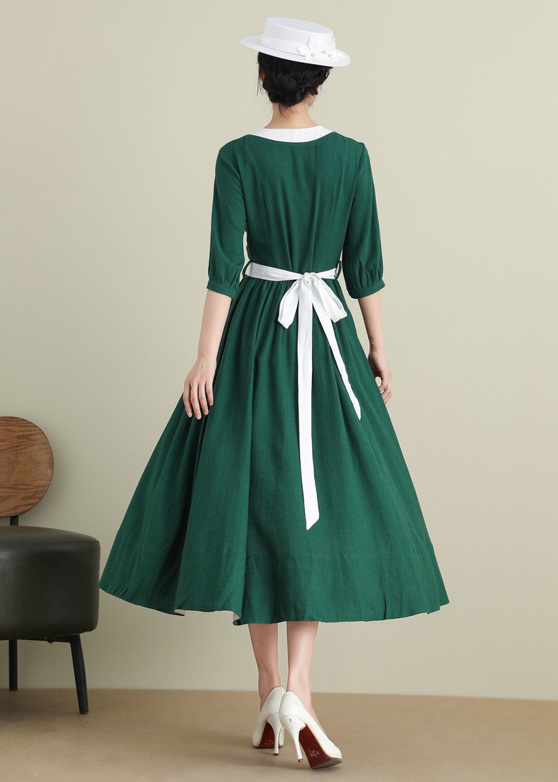 Linen Dress Green Linen Midi Dress Fit and Flare Dress Etsy