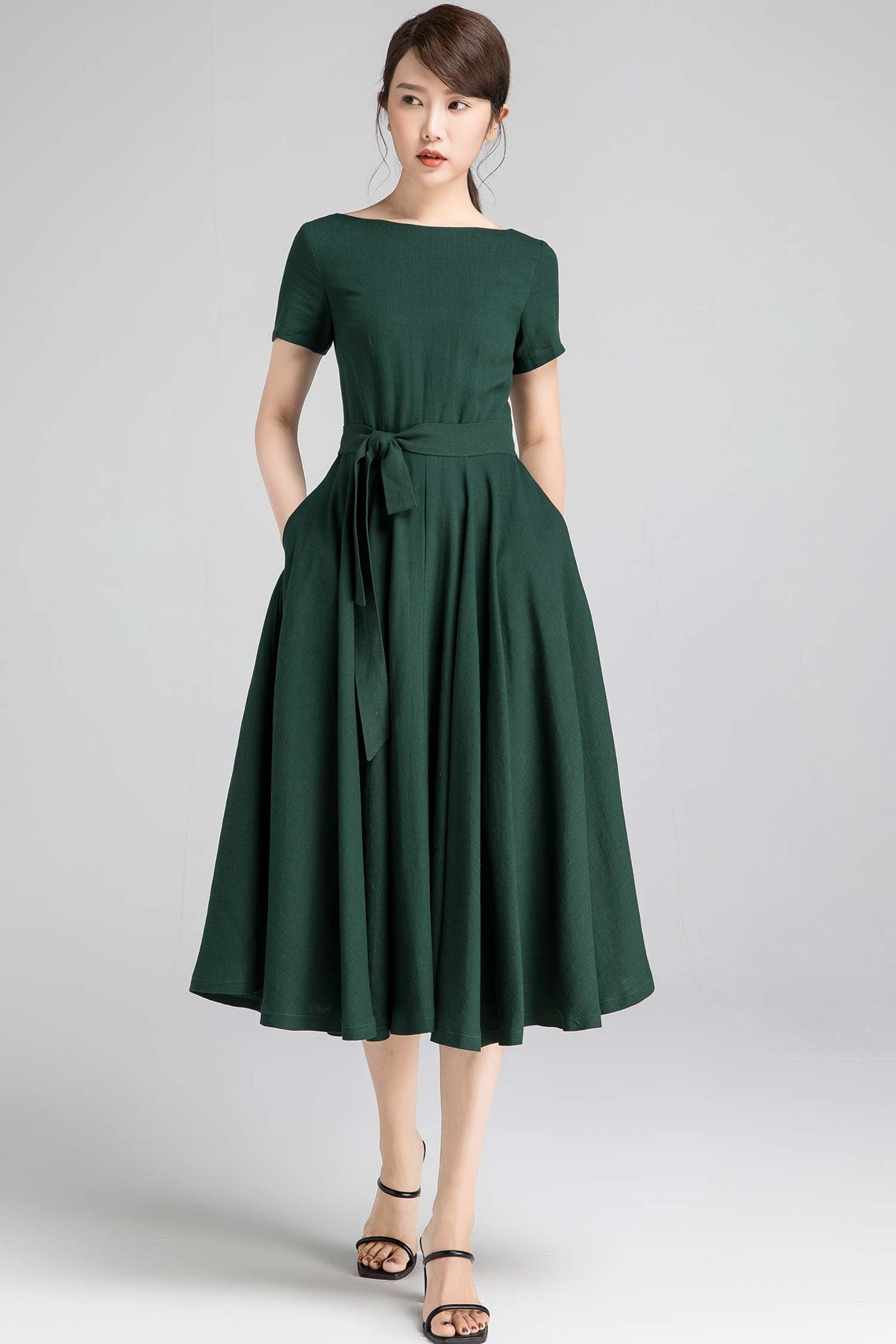 Short Sleeve Linen Dress Green Dress Fit and Flare Dress - Etsy