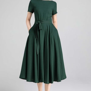 Short Sleeve Linen Dress, Green Dress, Fit and Flare Dress, 1950s Dress ...