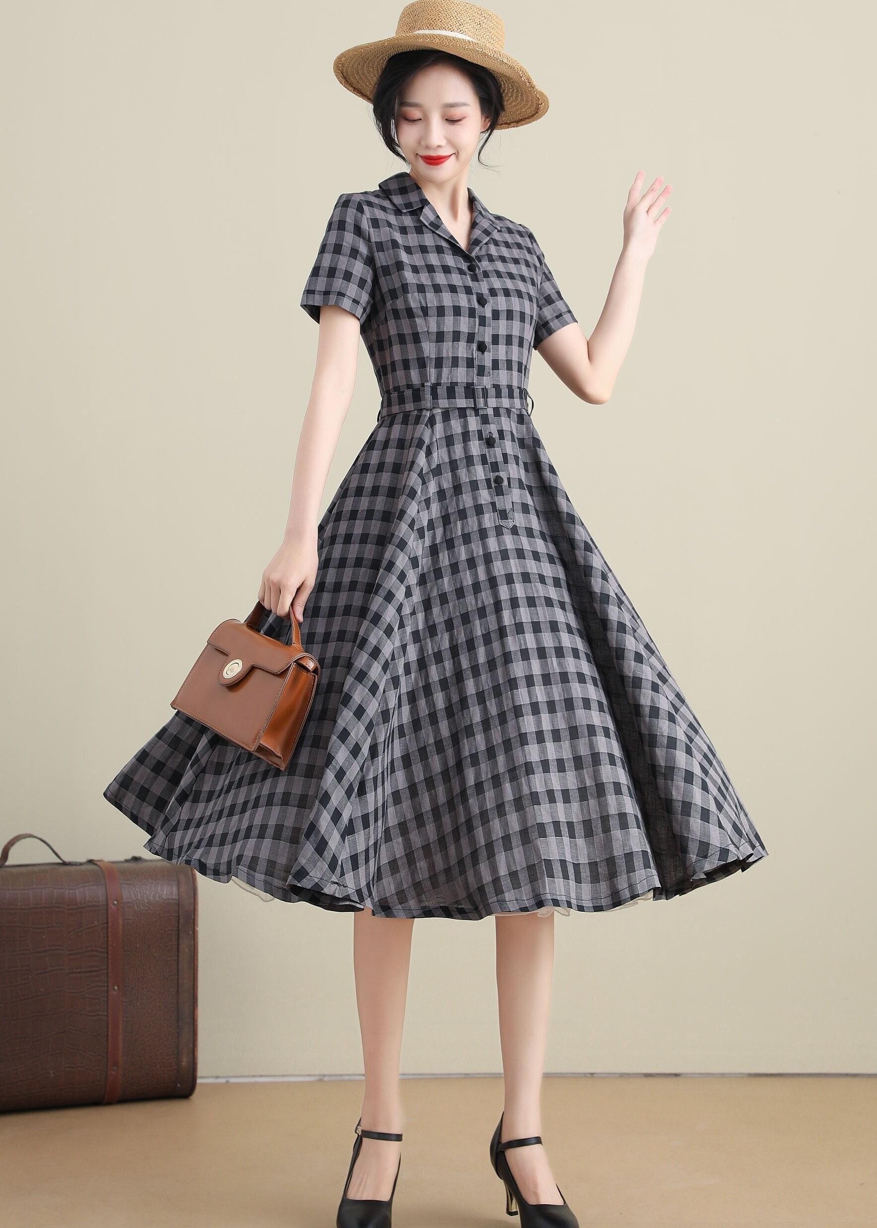 Black and Gray Linen Plaid Dress, Swing Shirtwaist Dress