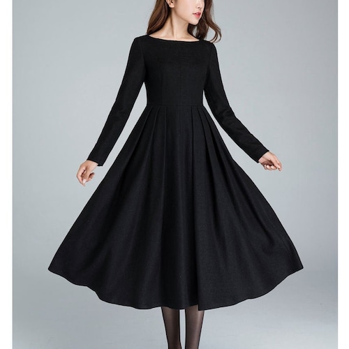 Black Winter Midi Wool Dress, Boat Neck Pleated Dress, Long Sleeve Dress with Pockets, Fitted and Flare Dress, Retro Day Dress 1622# Black Winter Midi Wool Dress, Boat Neck Pleated Dress, Long Sleeve Dress with Pockets, Fitted and Flare Dress, Retro Day Dress 1622#