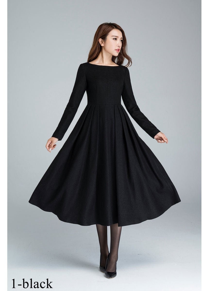 Black Winter Midi Wool Dress Boat Neck ...