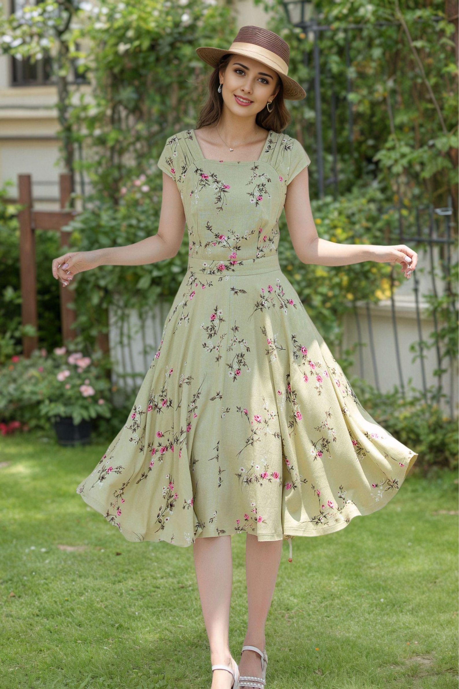 Vintage 1950s Floral Linen Dress, Wedding Guest Dress, Fitted Midi Vintage 1950s Floral Linen Dress, Wedding Guest Dress, Fitted Midi