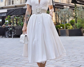 White Swing Shirt Dress Women, Midi Dress, Fit and Flare