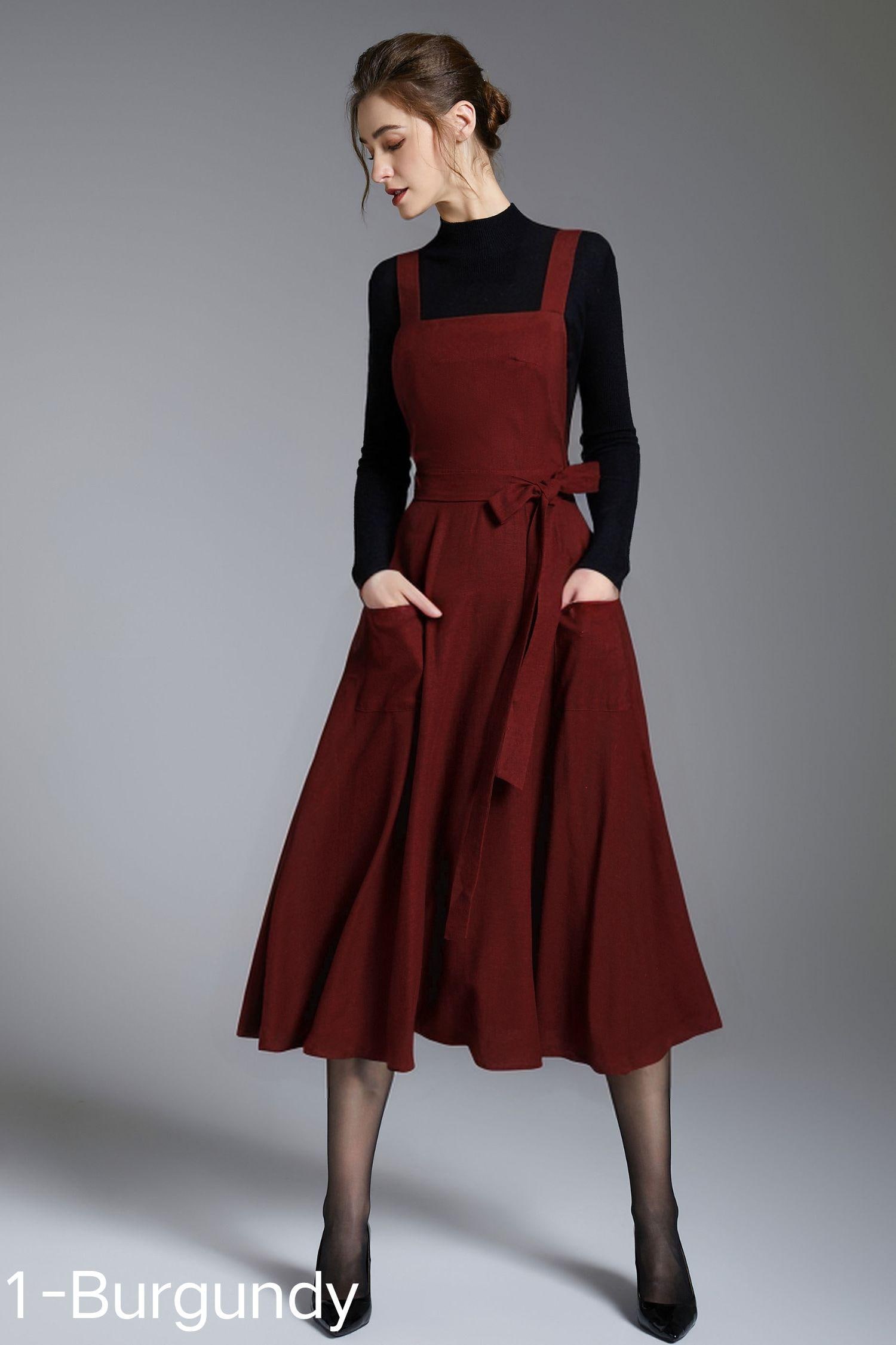 Handmade Linen Pinafore Dress – Dark Green Midi Apron Dress With