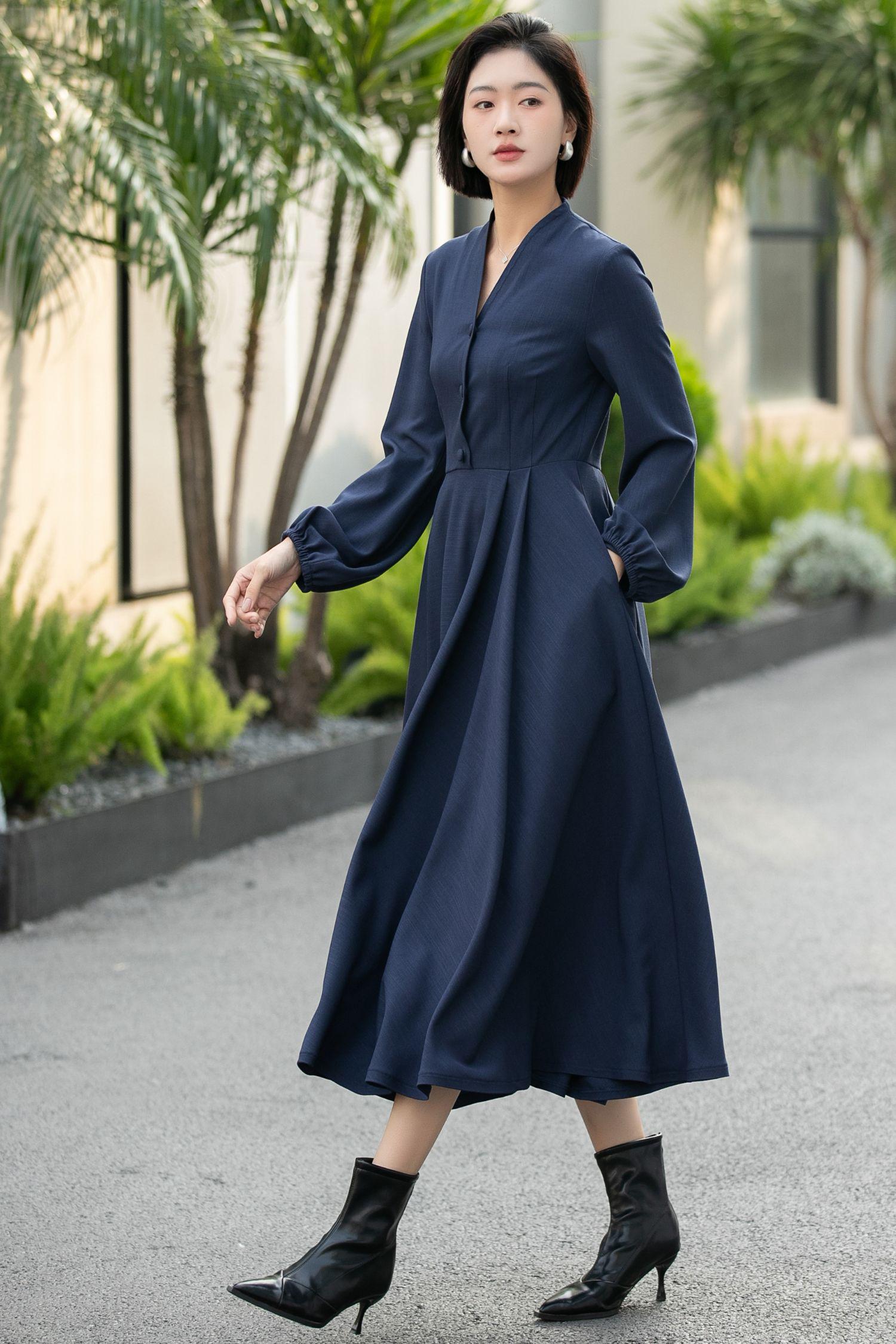 Navy Blue Long Sleeve Midi Shirt Swing Dress, Custom, Xiaolizi