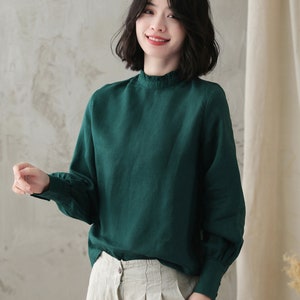 Women's white Linen Blouse, Plus Size Blouse, Minimalist Blouse, Long Sleeve Linen Blouse, Spring Summer Blouse, Custom Tops, Xiaolizi 3344 2-green