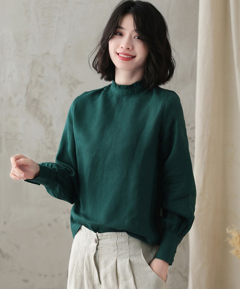 Women's white Linen Blouse, Plus Size Blouse, Minimalist Blouse, Long Sleeve Linen Blouse, Spring Summer Blouse, Custom Tops, Xiaolizi 3344 2-green