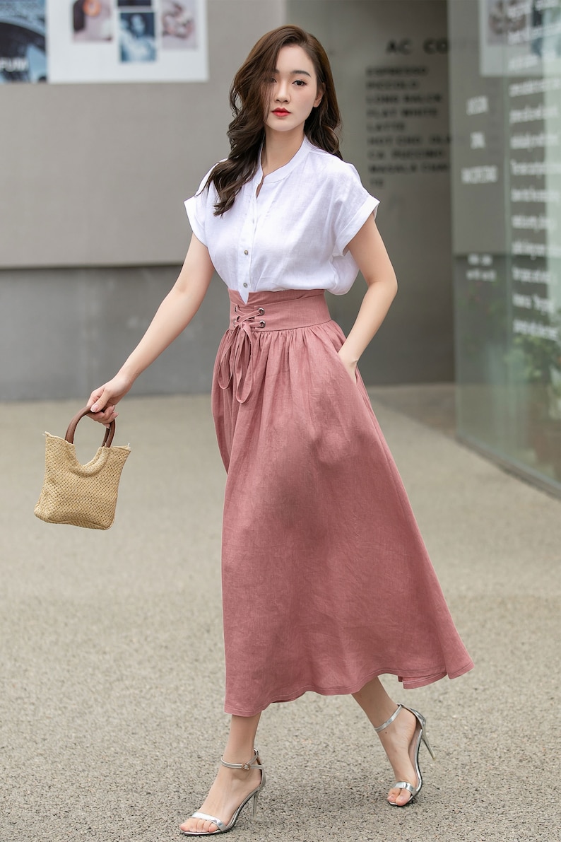 Pink Linen skirt, Long linen skirt for women, pleated linen maxi skirt, High waist Swing skirt with pockets, Womens skirt, Xiaolizi 4261 image 4