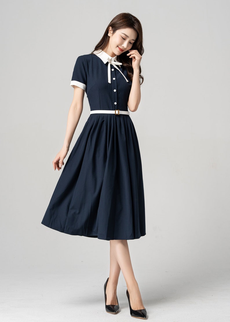 1930s Dresses | 30s Art Deco Dress     Vintage Inspired 1950s Shirt Dress Summer Blue Midi Dress Navy Formal Button Up Midi Dress Fit & Flare Dress Custom Dress Xiaolizi 4187  AT vintagedancer.com