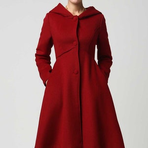 Women's Winter Single breasted wool Coat, red swing hooded princess coat, warm winter outwear, Hooded wool coat, Christmas coat 1117 image 6