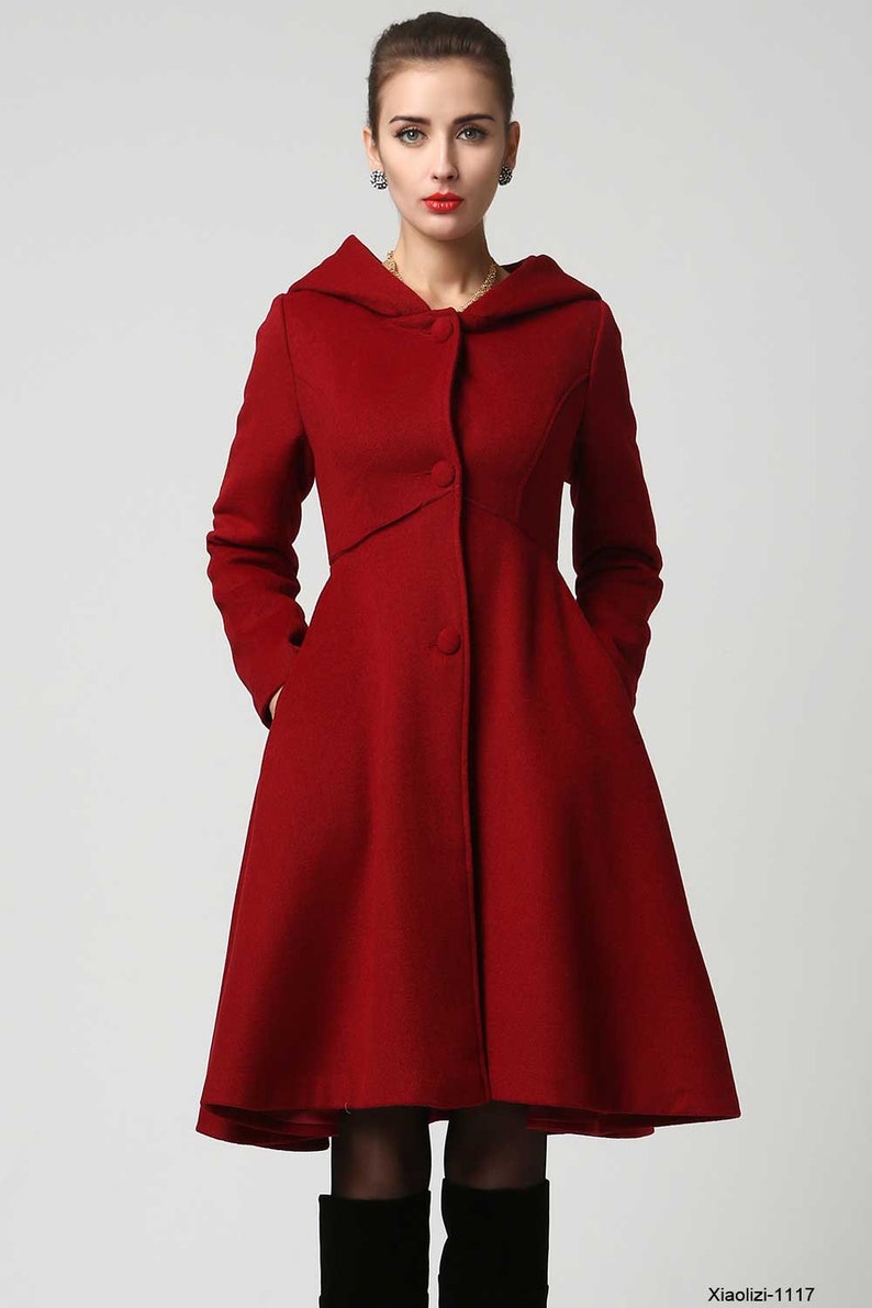 Women's Winter Single breasted wool Coat, red swing hooded princess coat, warm winter outwear, Hooded wool coat, Christmas coat 1117 image 6