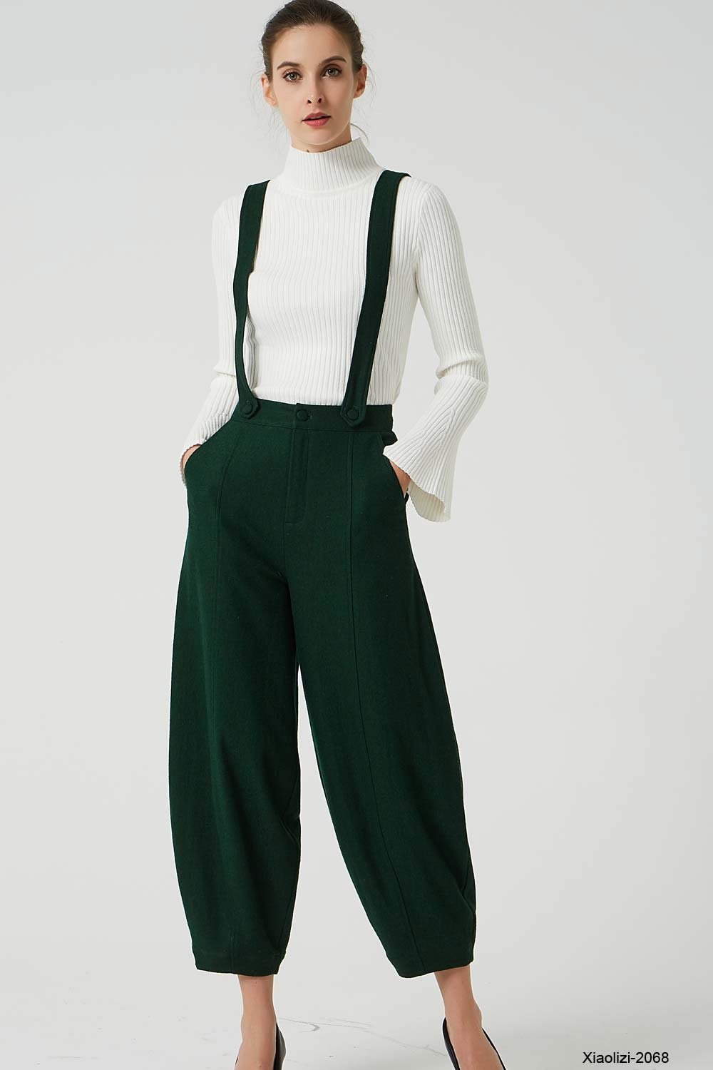 Green Wool Pants, Suspender Pants, Long Wool Pants, Womens Green Wool Pants, Suspender Pants, Long Wool Pants, Womens