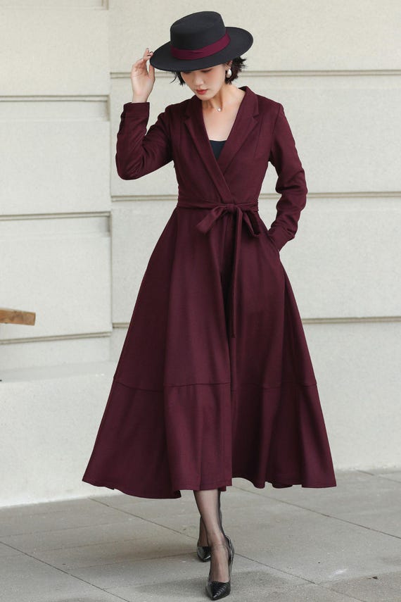 Burgundy Wool Wrap Midi Dress — Elegant Tie‑waist A‑line for Office