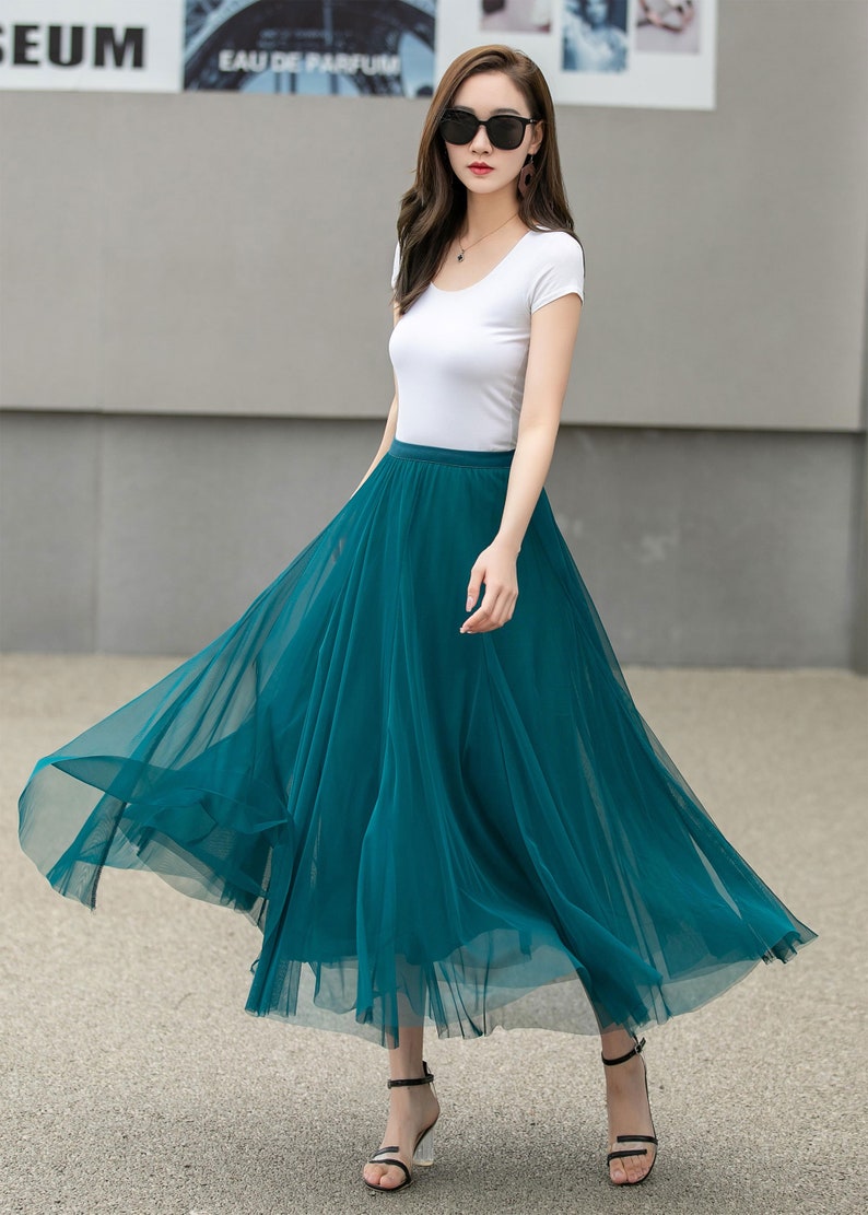 Jupe en mousseline de soie, jupe midi en tulle bohème à taille élastique, jupe en tulle de plage bleu pour femme, jupe d'été grand cercle swing, jupe longue de danse 4271 image 5