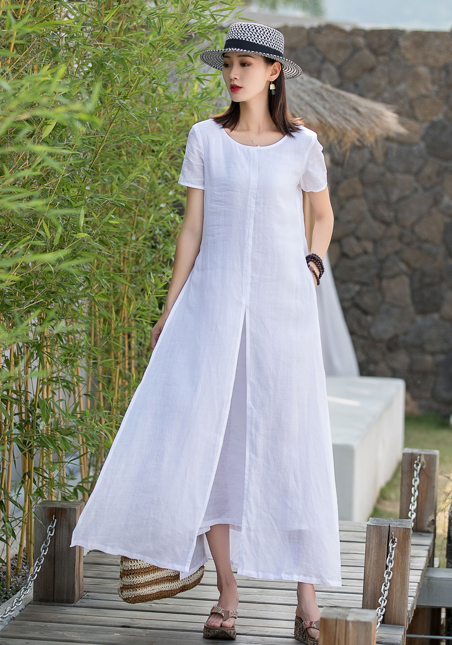 Lino Vestido De Algodon Casual Casual Solo Breasted Blanco Con