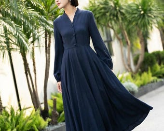 Navy Blue Long Sleeve Midi Shirt Swing Dress, Custom, Xiaolizi