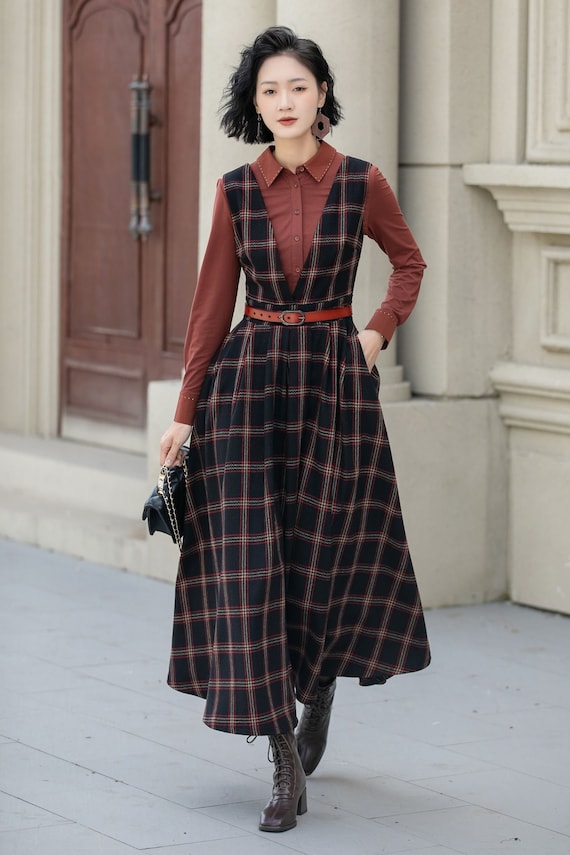 Fit and flare plaid pinafore wool dress women 5354 Fit and flare plaid pinafore wool dress women 5354