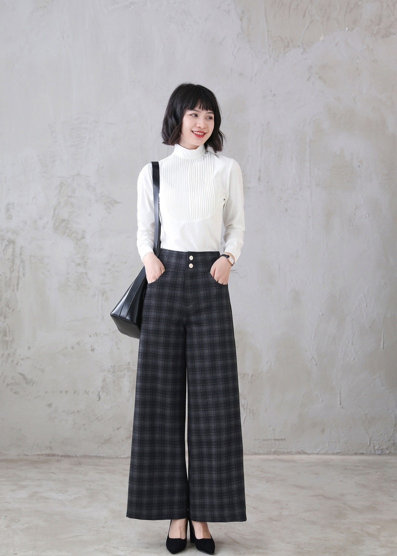 Long Plaid Wide Leg Wool Pants, Vintage Inspired Women's Pants, High Waist Pants with Pockets, Baggy Pants, Plus Size Pants Xiaolizi 3124 image 6