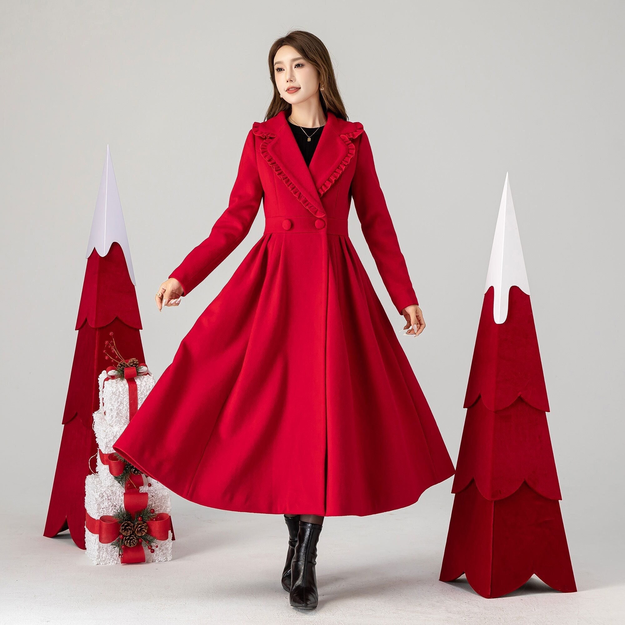 Red Wool Princess Coat, Dress Coat, 1950s Vintage Inspired