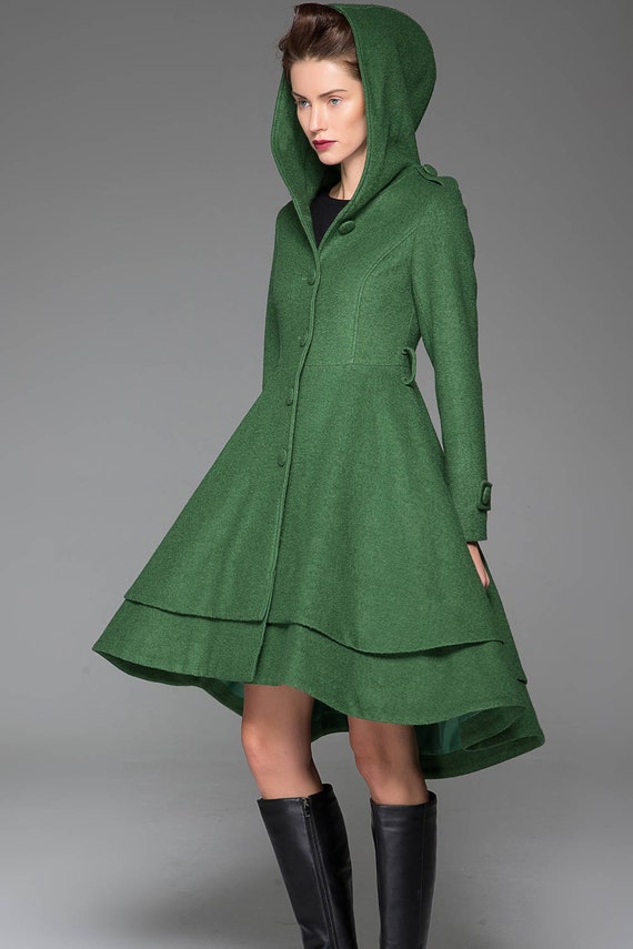 Green wool coat wool coat with hood women coat asymmetrical | Etsy