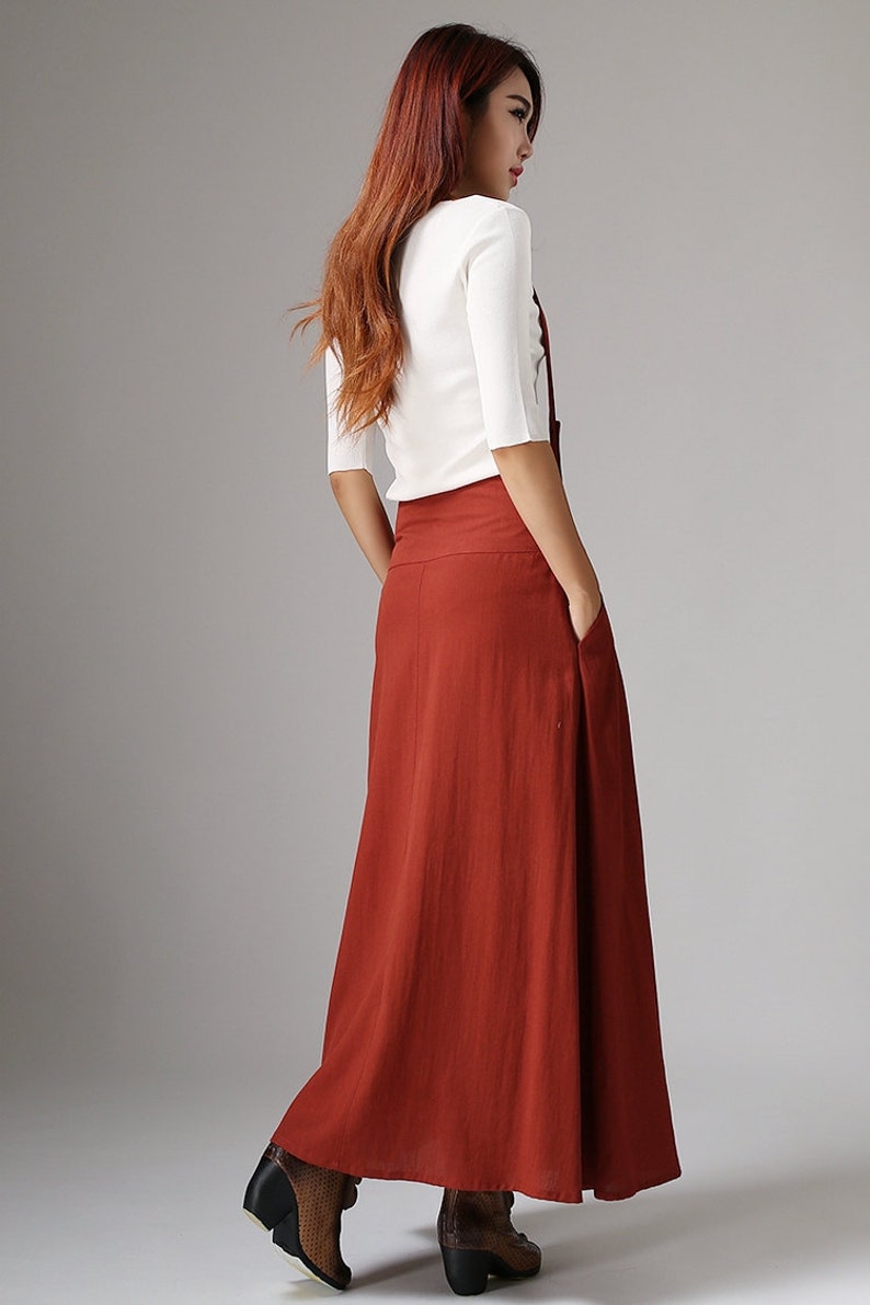 Linen Suspender Skirt Women, High Waisted Maxi Skirt with Pockets, Red Skirt, Custom Made Skirt, Casual Linen Skirt, Summer Fall Skirt 1035 image 5
