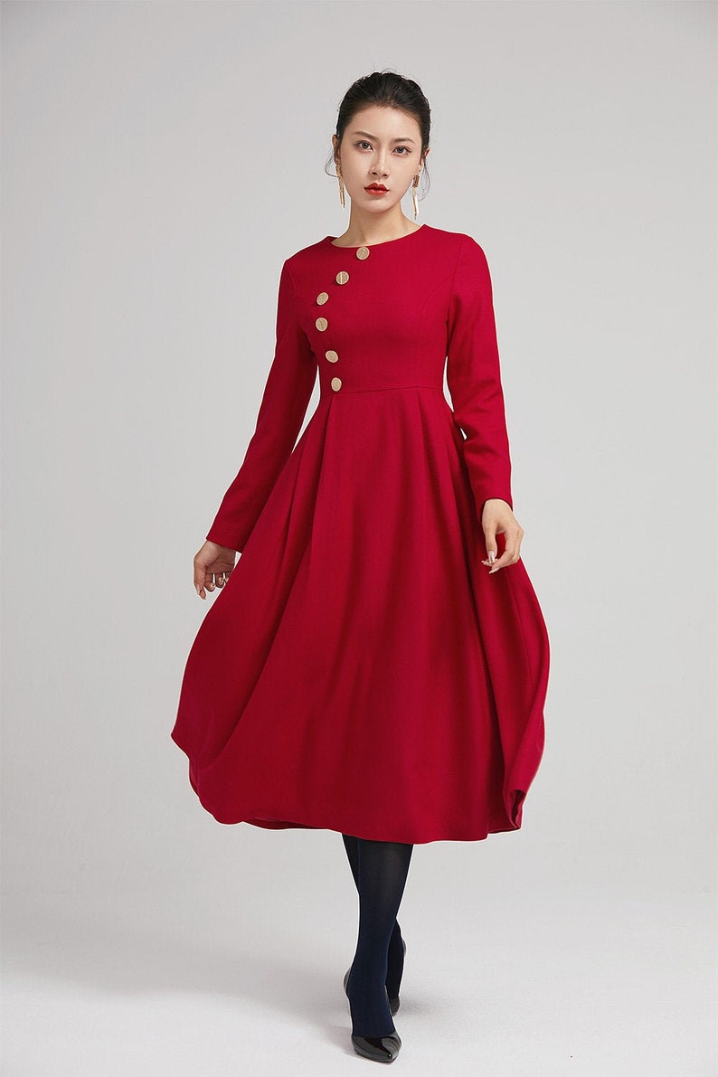 Red Wool Dress Warm Winter Dress Elegant Dress Button - Etsy