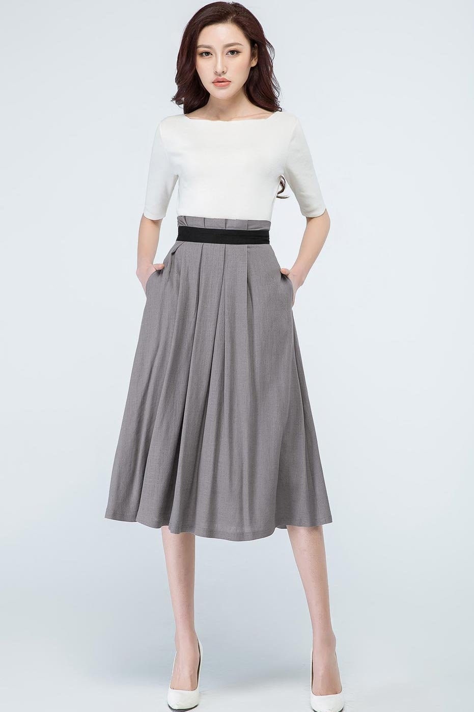 High waist pleated midi skirt A Line 