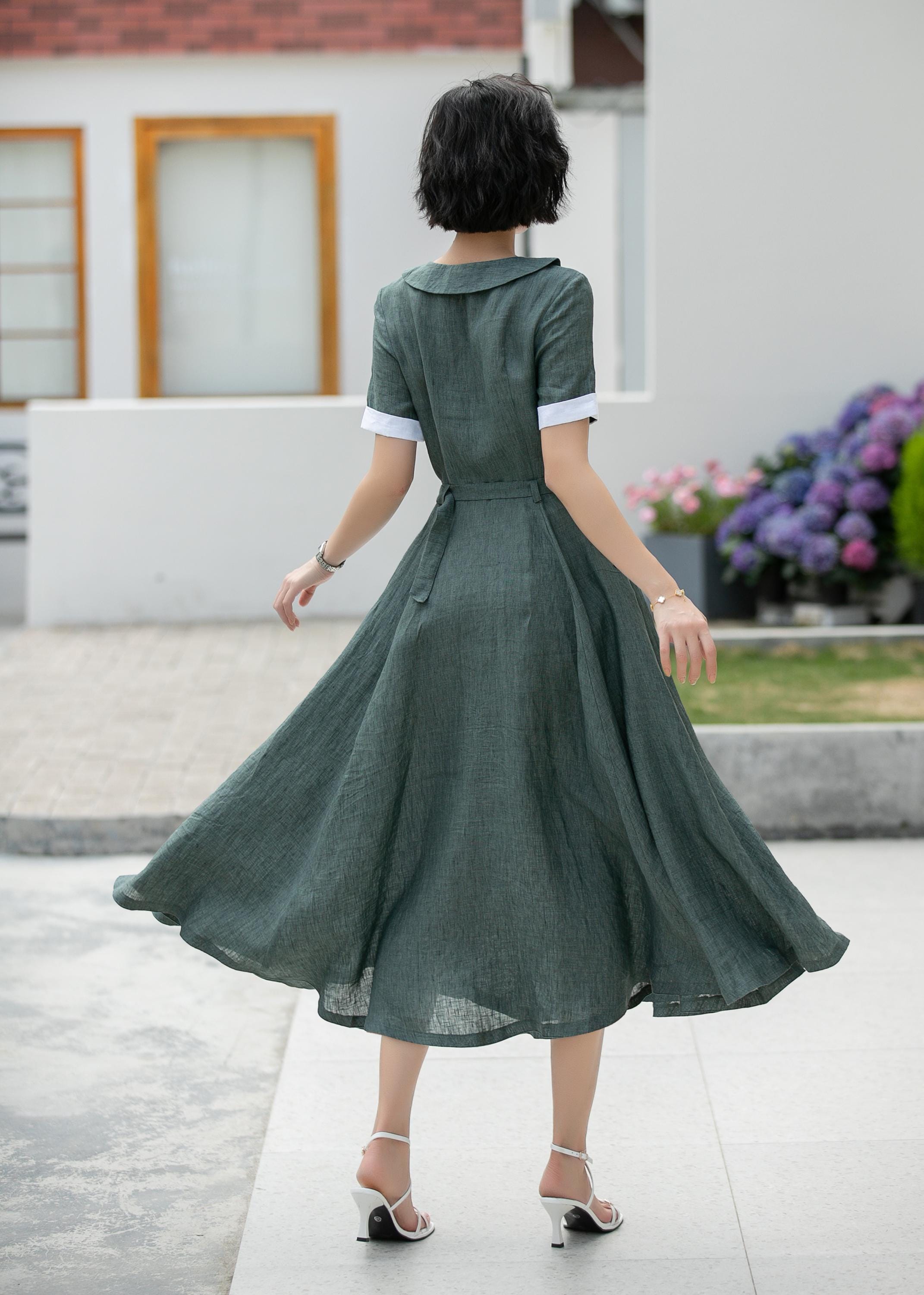 CHICLINE★Ledoc Collar Button Belt Dress★ Dark Green Linen Dress, Midi Shirt Dress, Fit and Flare