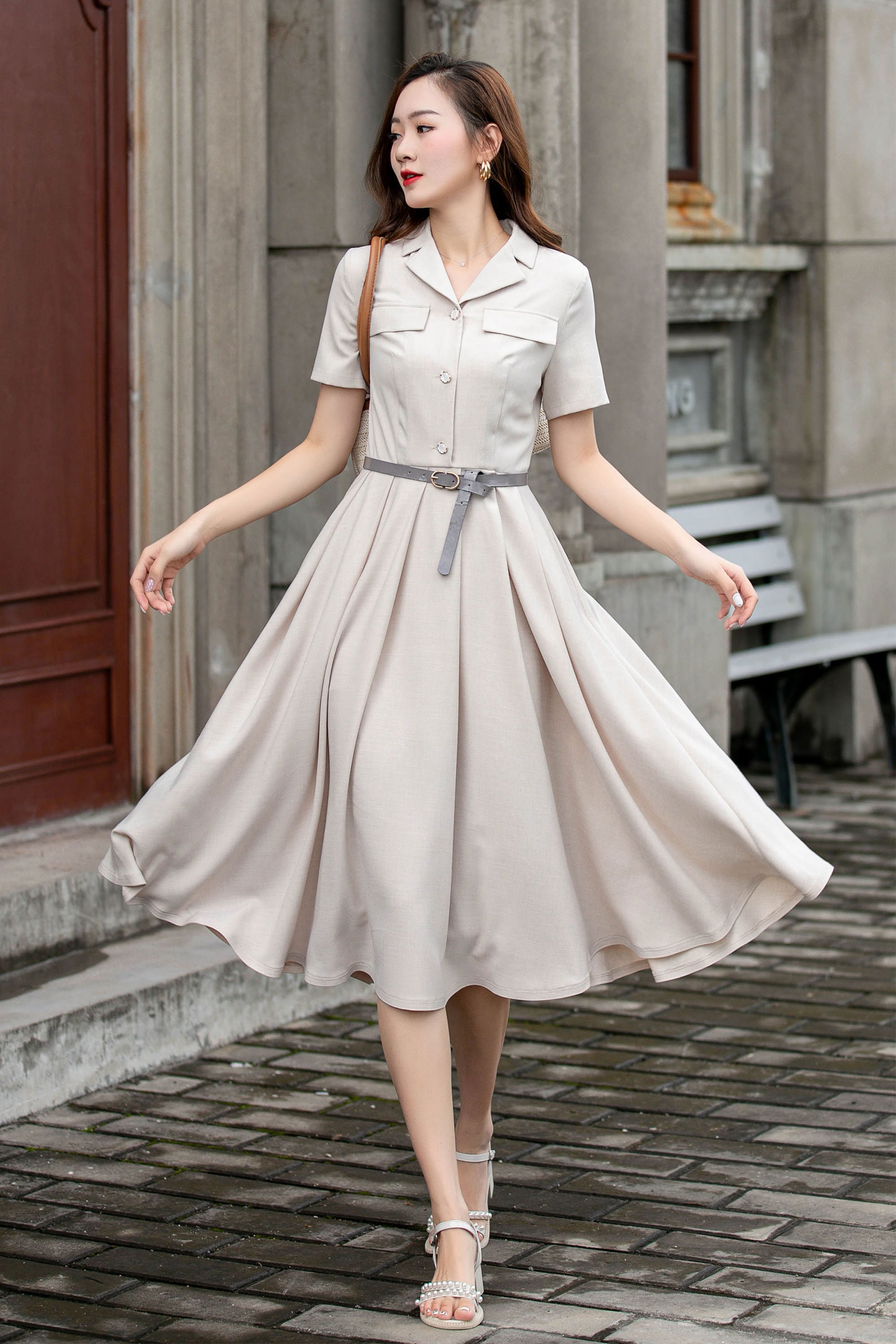 GownTown Women's 1950s Style Midi Shirt Dress - Pink Cocktail Dress With Belt & Lace Top, Size X-Large
