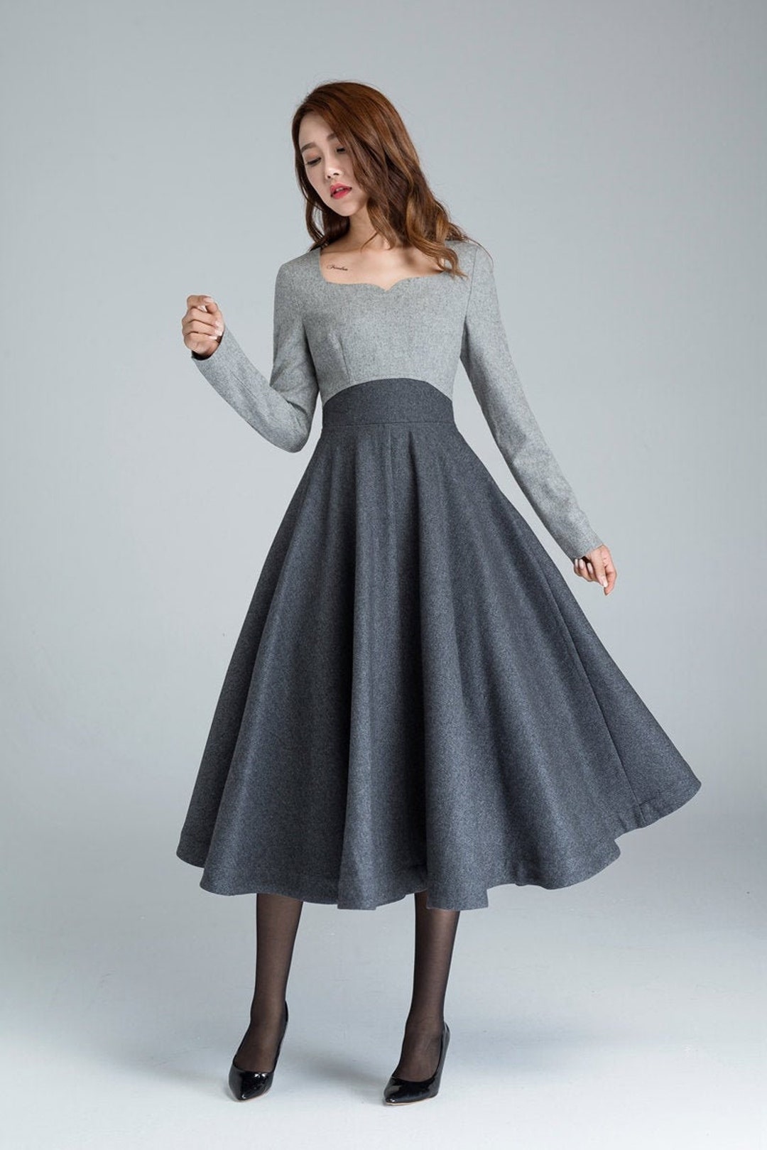 1950s Grey Fit and Flare Wool Dress, Womens Dresses, Winter Dress