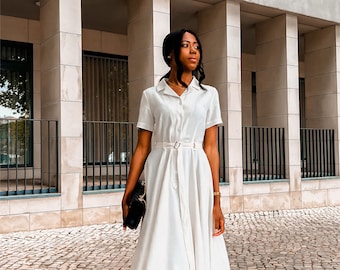White Swing Shirt Dress Women, Midi Dress, Fit and Flare