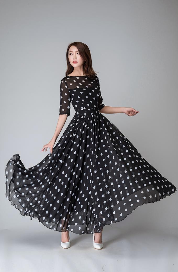 Swing Chiffon Long Maxi Dress with Sleeve, Polka Dot Maxi Chiffon Dress Women, Fit and Flare Dress, Wedding Guest Dress, Boho Dress 1534#