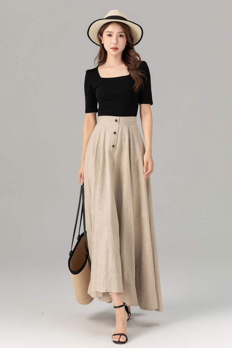 Linen Skirt, Long Skirt, Maxi Skirt, Beige linen Skirt, A-Line Linen Skirt, Swing Skirt, Women Linen Skirt, High Waist Skirt, Xiaolizi 4931 image 7