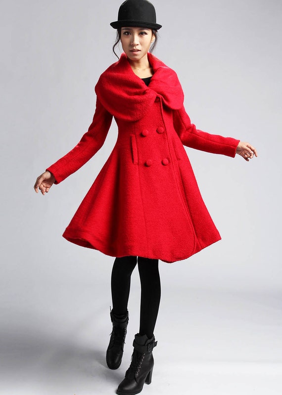 Items similar to Red wool coat with Oversized cowl neckline winter ...