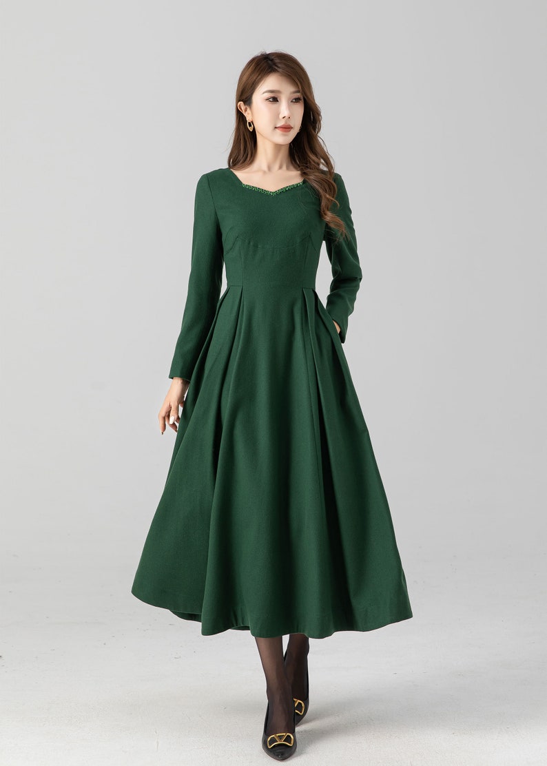 Old Fashioned Dresses | Old Dress Styles     Long wool dress Green wool dress Wool Midi dress Long sleeve wool dress Woman dress fit and flare dress Autumn winter dress 4670#  AT vintagedancer.com