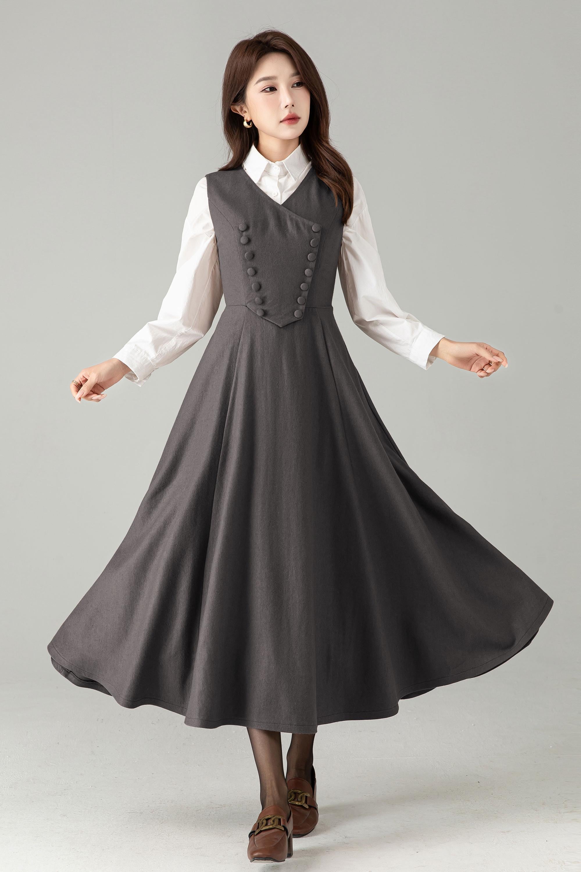 Handmade Wool Blend Pinafore Dress - Sleeveless A-Line Midi, Custom, Xiaolizi 6635