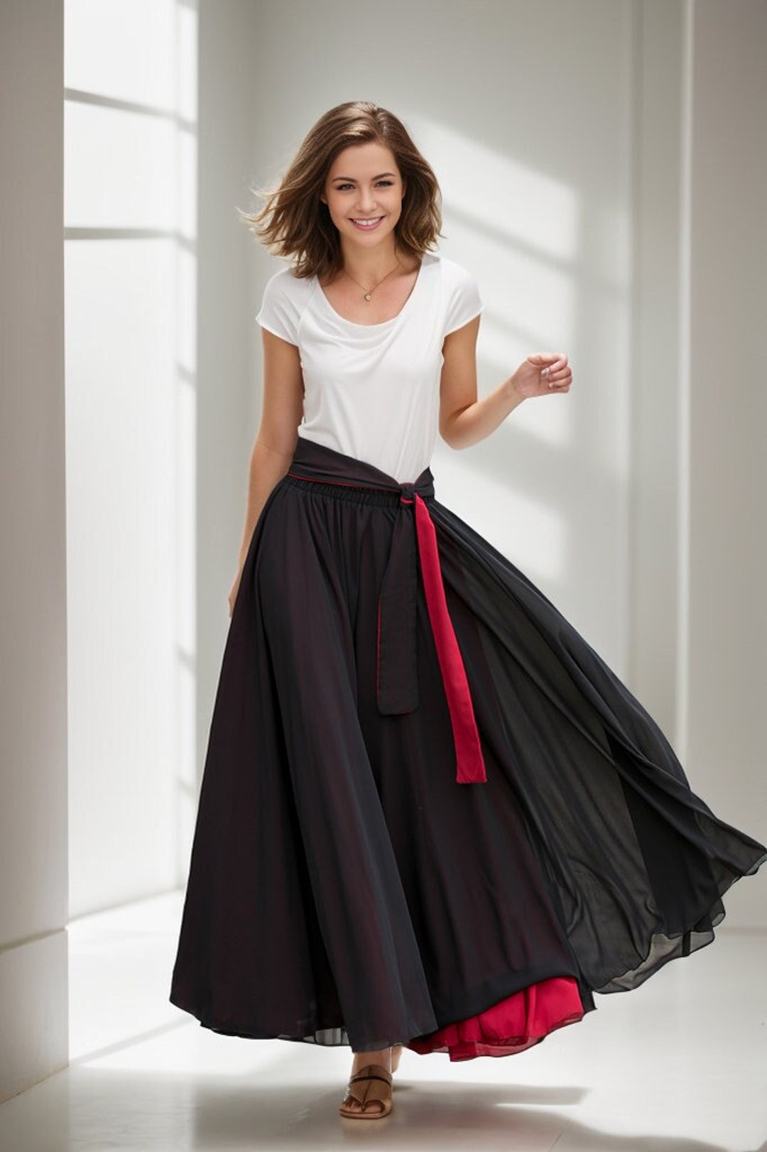 Silk Chiffon Black Gold Chain Print Maxi Skirt With Elastic Waist And Extra Large Hem For Summer main image 0