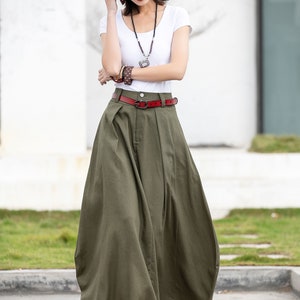 Linen Maxi skirt with big pockets, swing Long Linen Skirt for women, Asymmetrical skirt, brown skirt, casual skirt, custom skirt 0905 5-Army-2597