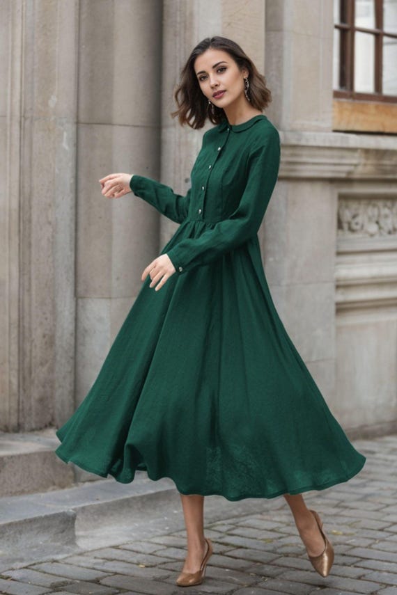 Green Shirt Linen Dress, Midi Dress Women, Swing Linen Dress, Button up  Pleated Dress, Spring Linen Dress, Custom Dress, Xiaolizi 5750 - Etsy Israel