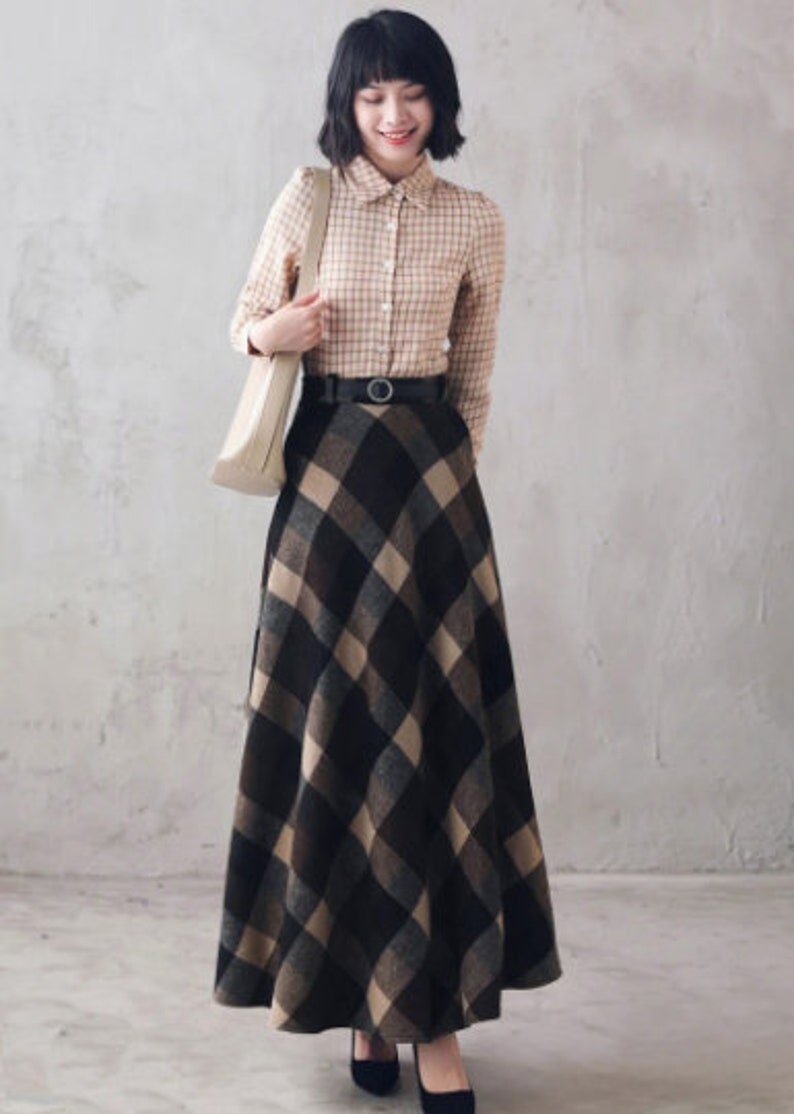 Green Long Wool Plaid Skirt, Maxi Wool Skirt with Pockets, Tartan Skirt, Vintage Swing A Line Skirt, Full Fall Winter Skirt, Xiaolizi 4000 Plaid-5