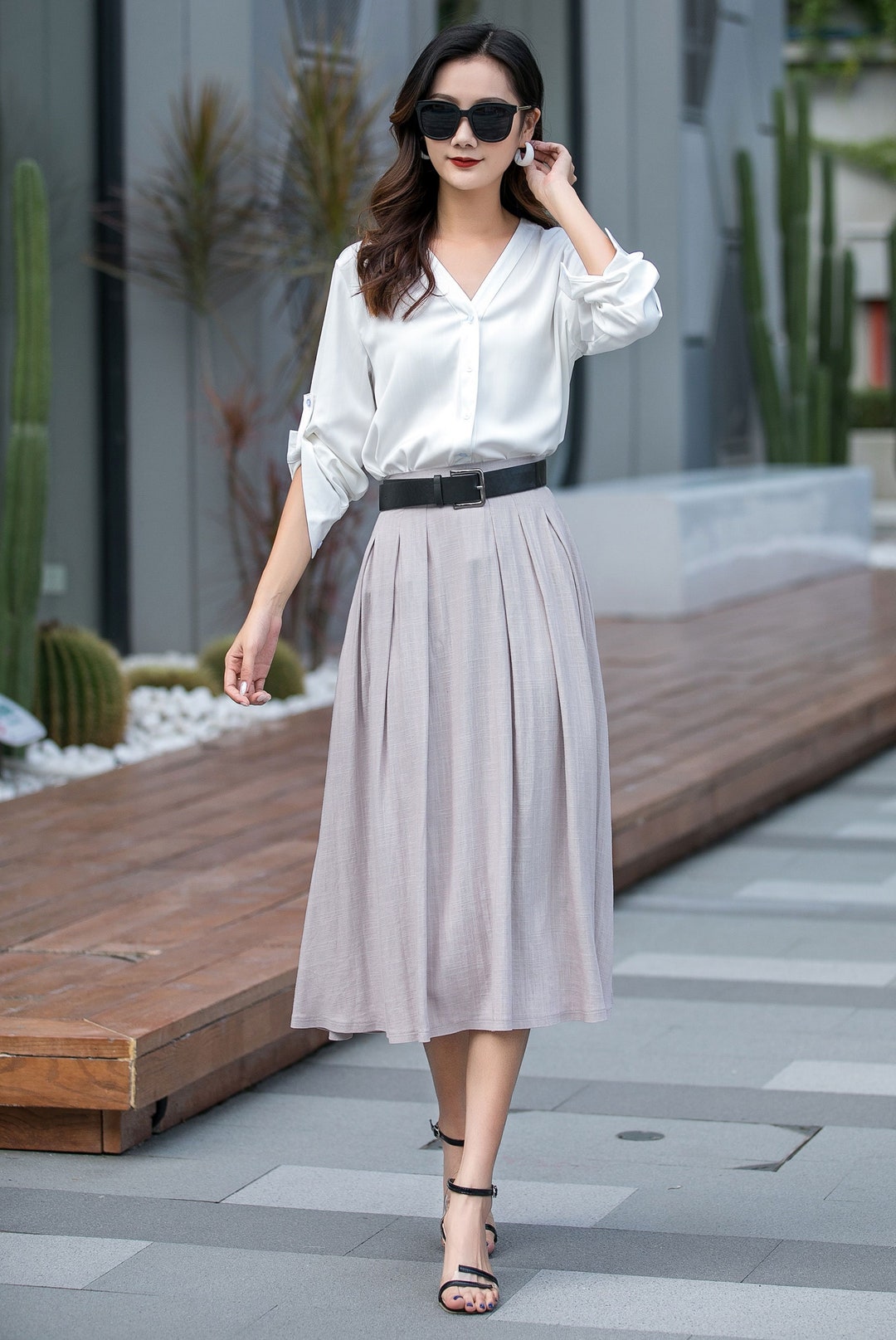 Pleat A Line Swing Midi Skirt, Fit and Flare Skirt With Pockets, Chic ...