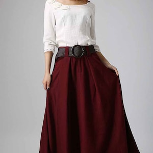 Linen Maxi skirt with big pockets, swing Long Linen Skirt for women, Asymmetrical skirt, brown skirt, casual skirt, custom skirt 0905 8- Burgundy-910
